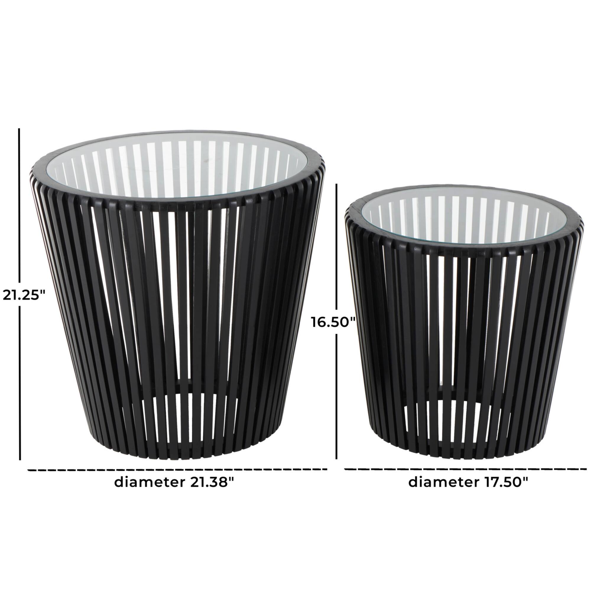 Black Wood Cage Inspired Accent Table with Clear Glass Tabletop Set